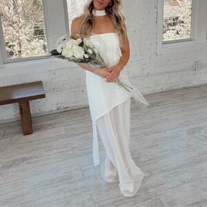 White Asymmetrical Chiffon Maxi Dress with Neck Scarf